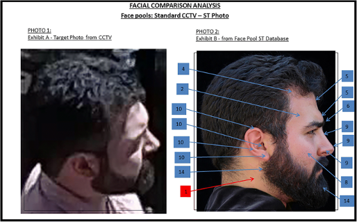 Facial Comparison Analysis. A CCTV target image (Exhibit A, left) is placed alongside a reference photograph from a face database (Exhibit B, right). Numbered anatomical landmarks have been placed on both images, and lines connect corresponding points to facilitate ratio measurements. The figure illustrates the standard approach used by forensic examiners.